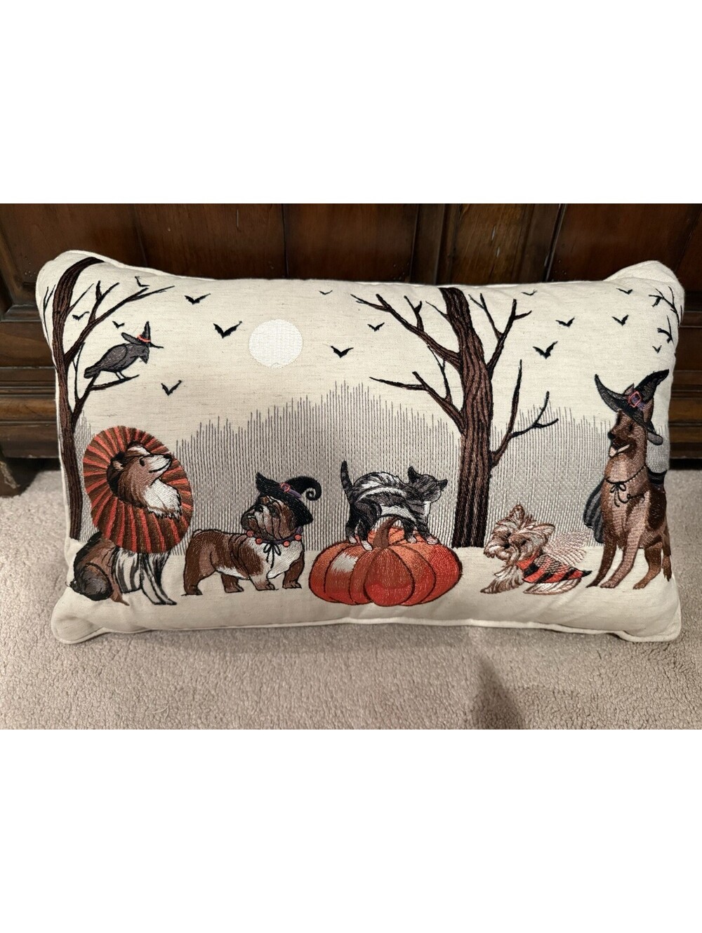 PIER1 DOGGIE CAT EMBROIDERED HALLOWEEN/FALL LUMBAR PILLOW